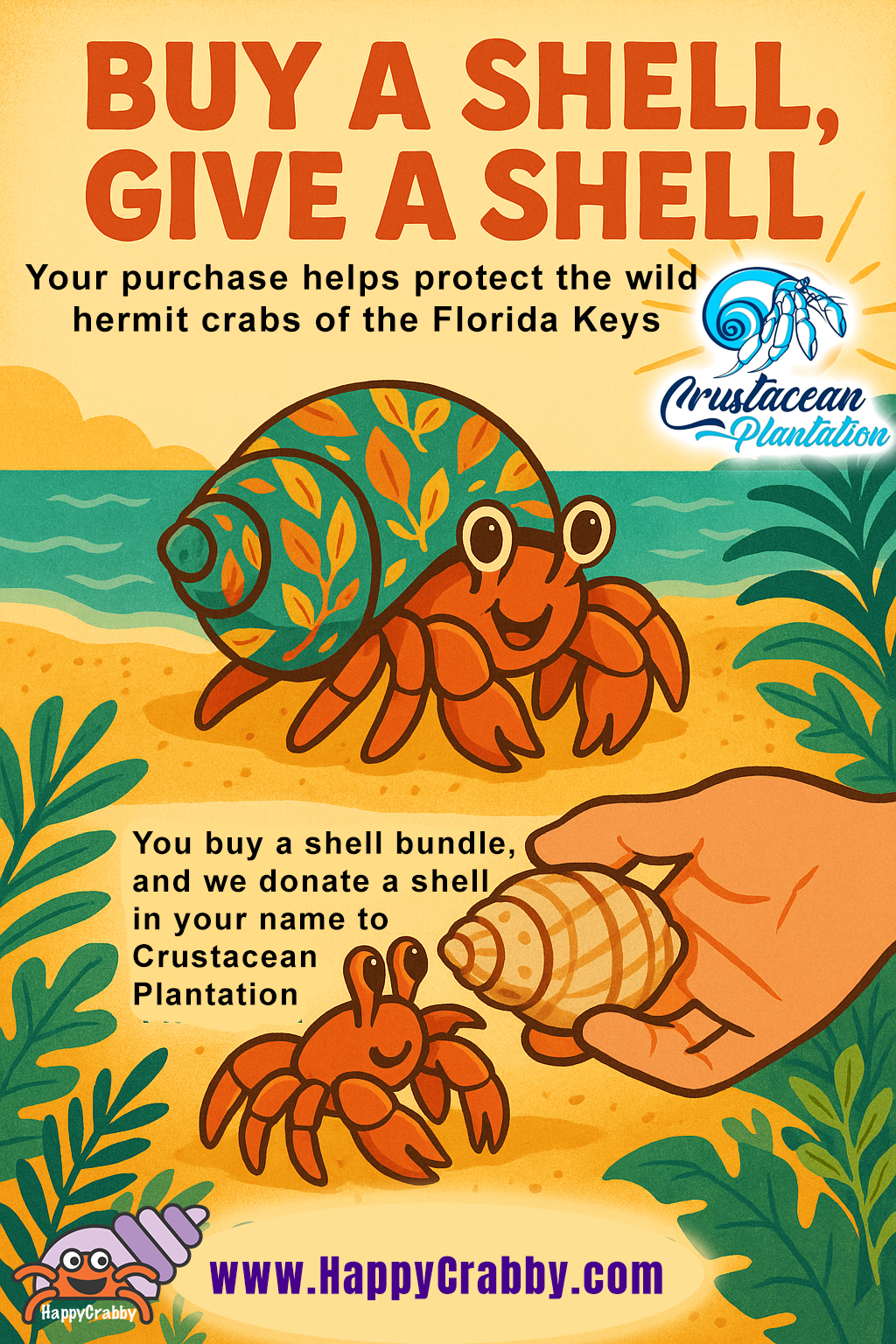 We’re excited to announce our new partnership with Crustacean Plantation—bringing a meaningful way to give back, while adding value for our customers. For every hermit crab shell bundle you purchase from www.HappyCrabby.com, we’ll donate a similar-sized shell in your name to Crustacean Plantation, a nonprofit devoted to protecting wild hermit crabs and preserving their natural habitats.